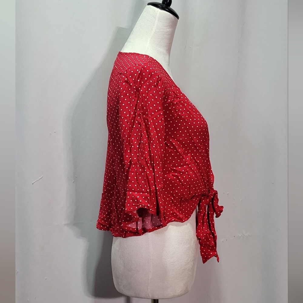 Mossimo Supply Co. Women's Red Polka Dot Tie-Front Peasant Blouse Size Small 🐈 - Picture 6 of 8